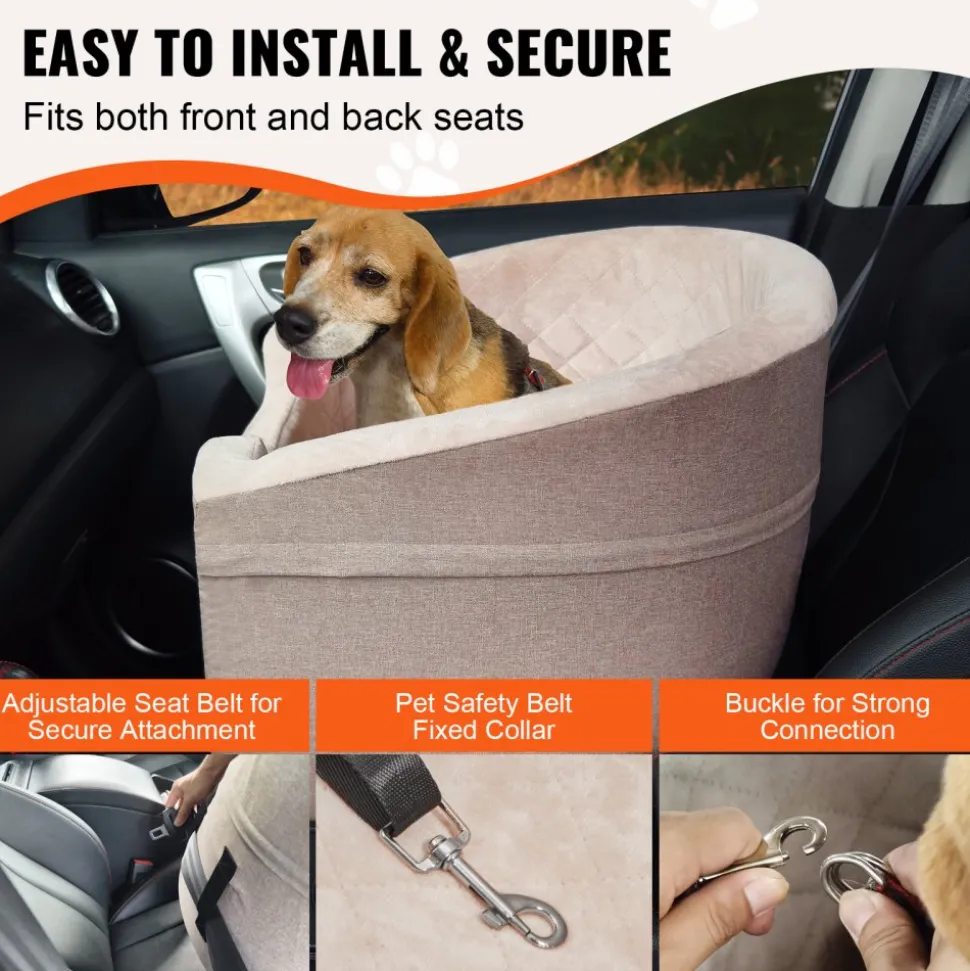 VEVOR Dog Car Seat, Waterproof Dog Booster Seat for Car with A Storage Pocket, Clip-On Safety Leash and Sponge Filling, Dog Car Bed for Small & Medium Dog up to 55lbs, Brown