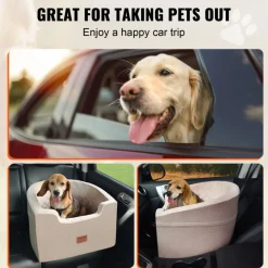 VEVOR Dog Car Seat, Waterproof Dog Booster Seat for Car with A Storage Pocket, Clip-On Safety Leash and Sponge Filling, Dog Car Bed for Small & Medium Dog up to 55lbs, Brown