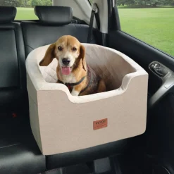 VEVOR Dog Car Seat, Waterproof Dog Booster Seat for Car with A Storage Pocket, Clip-On Safety Leash and Sponge Filling, Dog Car Bed for Small & Medium Dog up to 55lbs, Brown