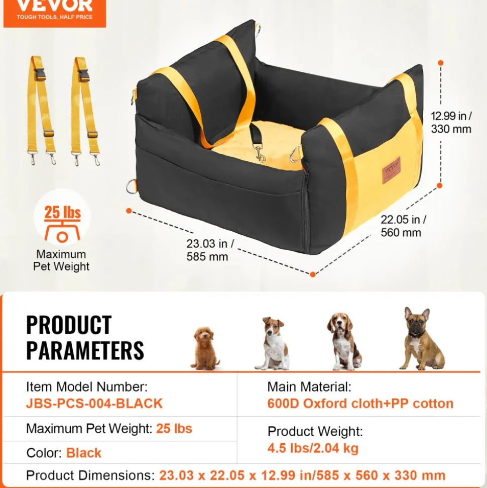 VEVOR Dog Car Seat, Waterproof Dog Booster Seat for Car with Side Handles and A Storage Pocket, Clip-On Safety Leash and PP Cotton Filling, Dog Car Bed for Small Dog up to 25lbs, Black