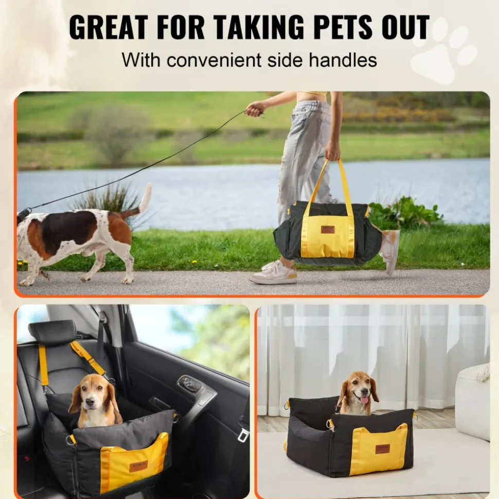 VEVOR Dog Car Seat, Waterproof Dog Booster Seat for Car with Side Handles and A Storage Pocket, Clip-On Safety Leash and PP Cotton Filling, Dog Car Bed for Small Dog up to 25lbs, Black