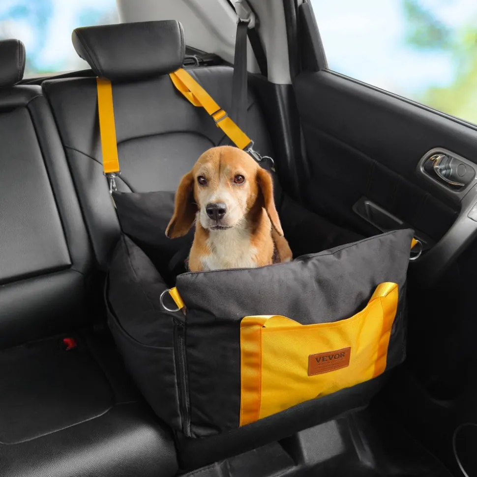 VEVOR Dog Car Seat, Waterproof Dog Booster Seat for Car with Side Handles and A Storage Pocket, Clip-On Safety Leash and PP Cotton Filling, Dog Car Bed for Small Dog up to 25lbs, Black