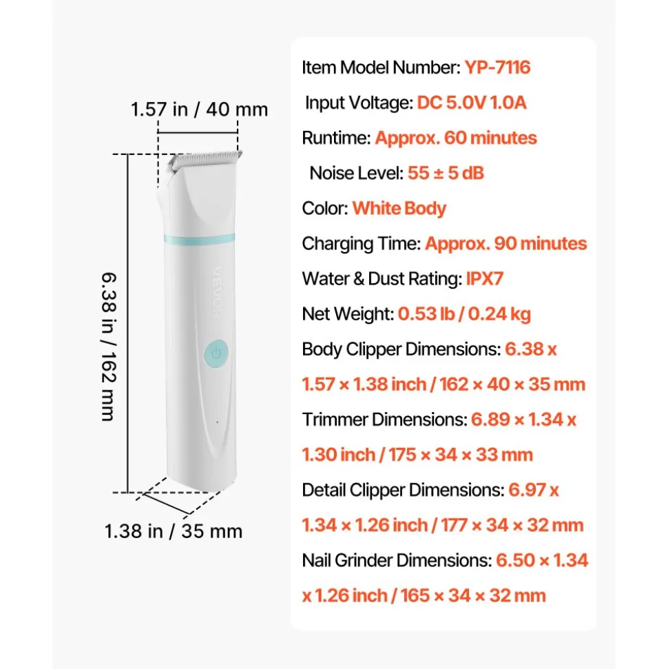VEVOR Dog Clippers for Grooming, 4 in 1 Dog Grooming Kit, Low Noise, Rechargeable Pet Shaver with 6 Combs & 4 Detachable Blades, Waterproof Cordless Pet Hair Trimmers Nail Grinder Set for Dogs Cats