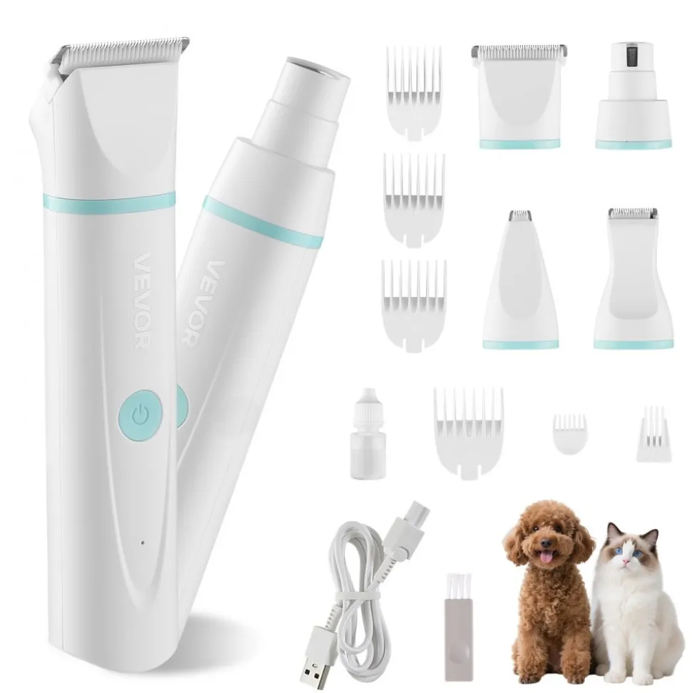 VEVOR Dog Clippers for Grooming, 4 in 1 Dog Grooming Kit, Low Noise, Rechargeable Pet Shaver with 6 Combs & 4 Detachable Blades, Waterproof Cordless Pet Hair Trimmers Nail Grinder Set for Dogs Cats