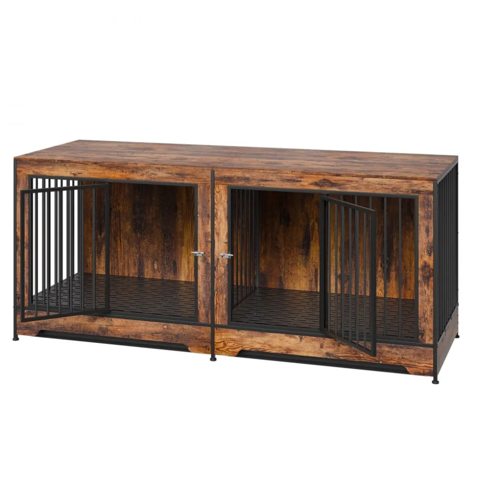 VEVOR 75" Dog Crate Furniture for 2 Dogs, Extra Large Double Dog Crate Furniture Large Breed with Divider & Double Doors, Large Wooden Dog Crate Furniture TV Stand for Medium Large Dogs Brown