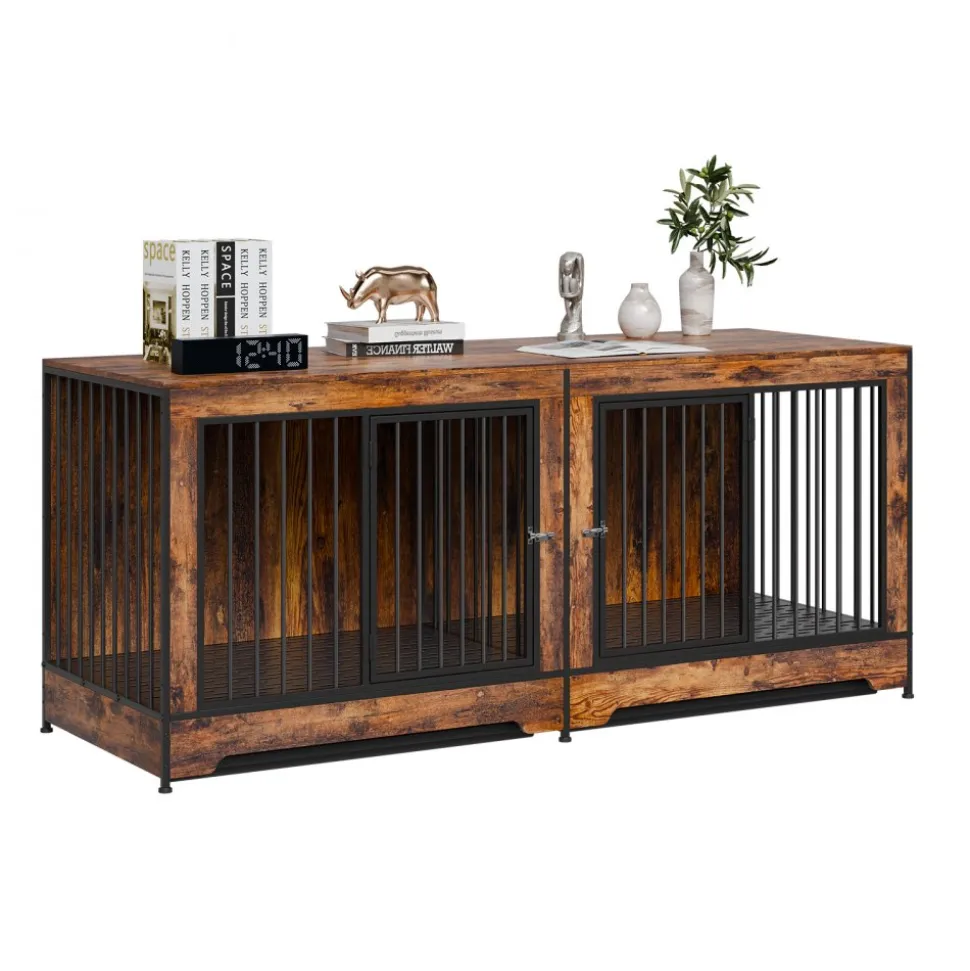VEVOR 75" Dog Crate Furniture for 2 Dogs, Extra Large Double Dog Crate Furniture Large Breed with Divider & Double Doors, Large Wooden Dog Crate Furniture TV Stand for Medium Large Dogs Brown