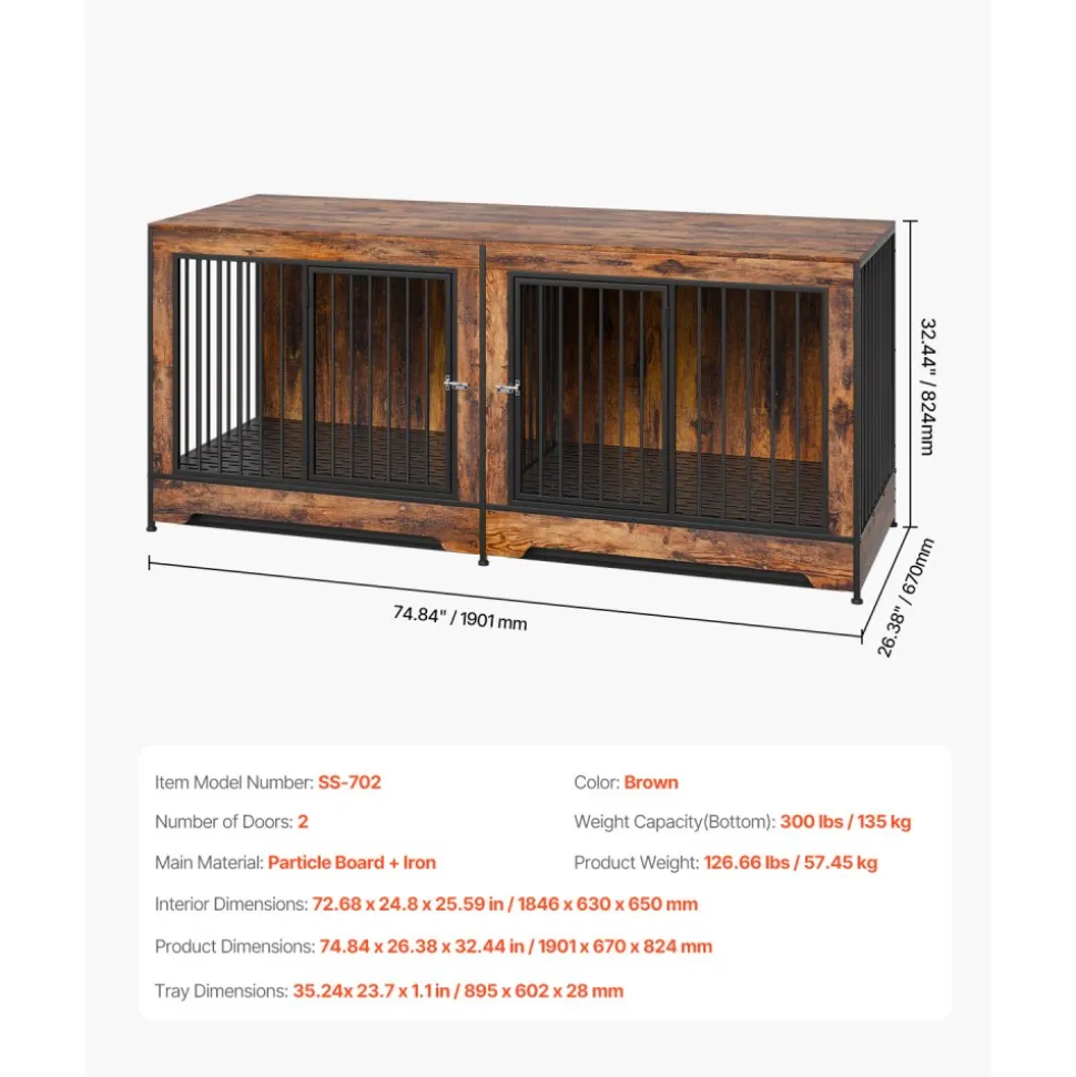 VEVOR 75" Dog Crate Furniture for 2 Dogs, Extra Large Double Dog Crate Furniture Large Breed with Divider & Double Doors, Large Wooden Dog Crate Furniture TV Stand for Medium Large Dogs Brown