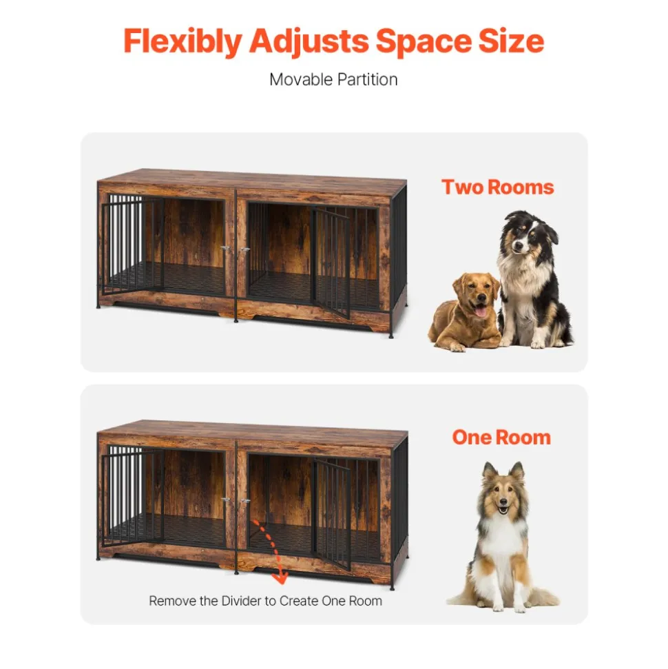 VEVOR 75" Dog Crate Furniture for 2 Dogs, Extra Large Double Dog Crate Furniture Large Breed with Divider & Double Doors, Large Wooden Dog Crate Furniture TV Stand for Medium Large Dogs Brown