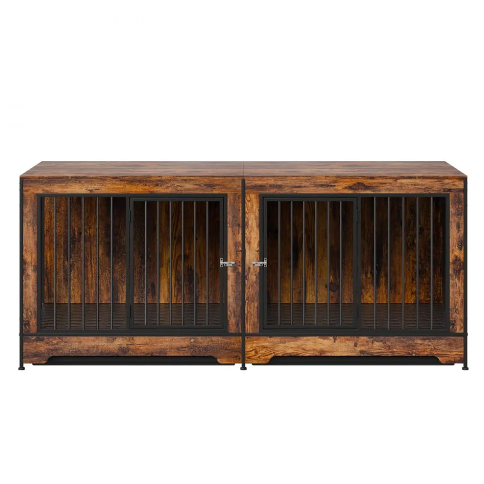 VEVOR 75" Dog Crate Furniture for 2 Dogs, Extra Large Double Dog Crate Furniture Large Breed with Divider & Double Doors, Large Wooden Dog Crate Furniture TV Stand for Medium Large Dogs Brown