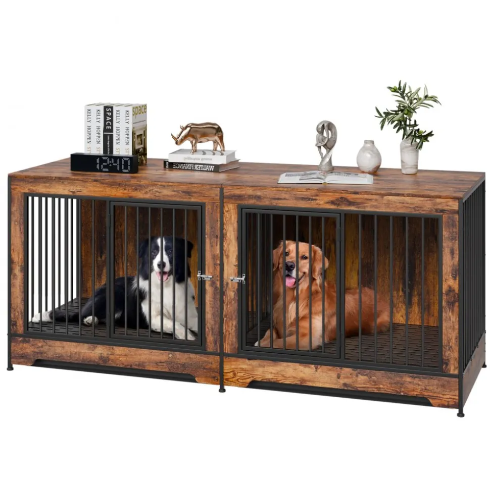 VEVOR 75" Dog Crate Furniture for 2 Dogs, Extra Large Double Dog Crate Furniture Large Breed with Divider & Double Doors, Large Wooden Dog Crate Furniture TV Stand for Medium Large Dogs Brown