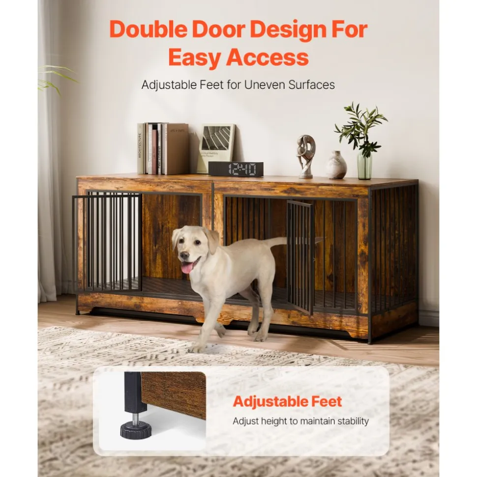 VEVOR 75" Dog Crate Furniture for 2 Dogs, Extra Large Double Dog Crate Furniture Large Breed with Divider & Double Doors, Large Wooden Dog Crate Furniture TV Stand for Medium Large Dogs Brown