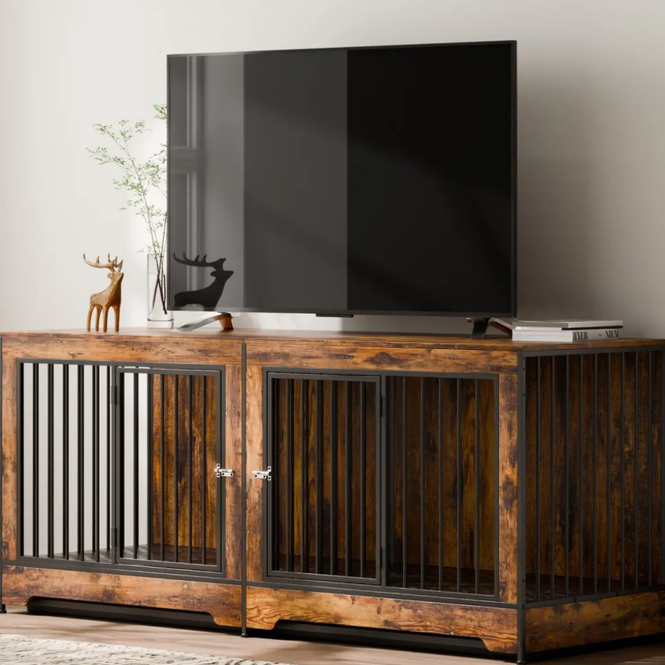 VEVOR 75" Dog Crate Furniture for 2 Dogs, Extra Large Double Dog Crate Furniture Large Breed with Divider & Double Doors, Large Wooden Dog Crate Furniture TV Stand for Medium Large Dogs Brown