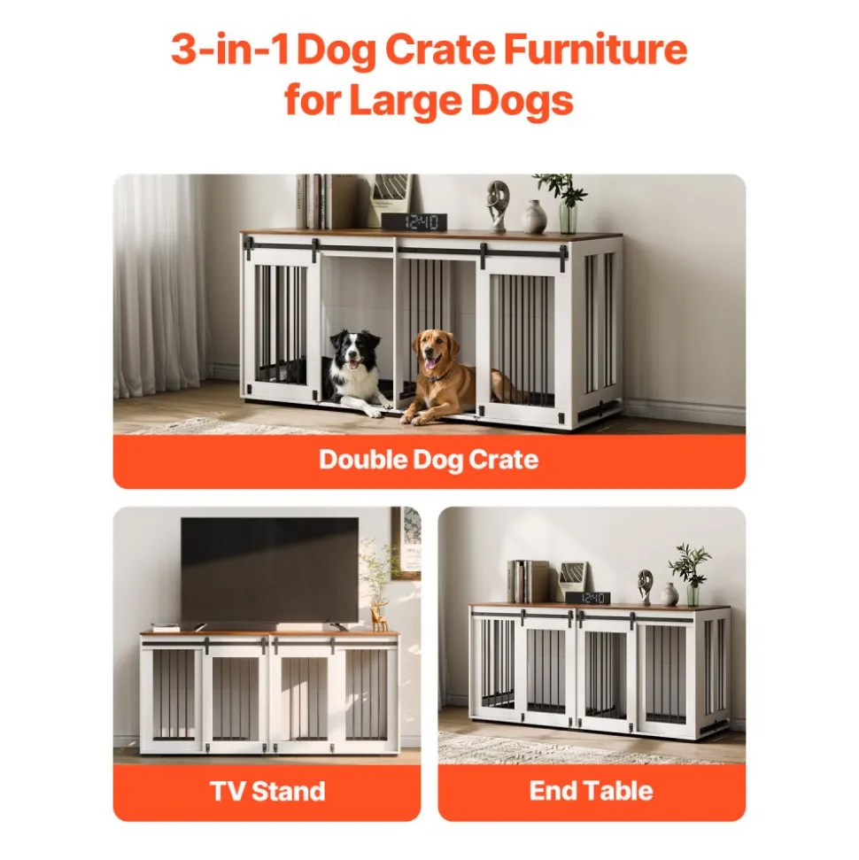 VEVOR 72" Dog Crate Furniture for 2 Dogs, Double Dog Crate Furniture with Double Sliding Doors, Large Dog Crate TV Stand with Removable Tray, Steel Frame Double Dog Crate for Small, Medium, Large Dogs White