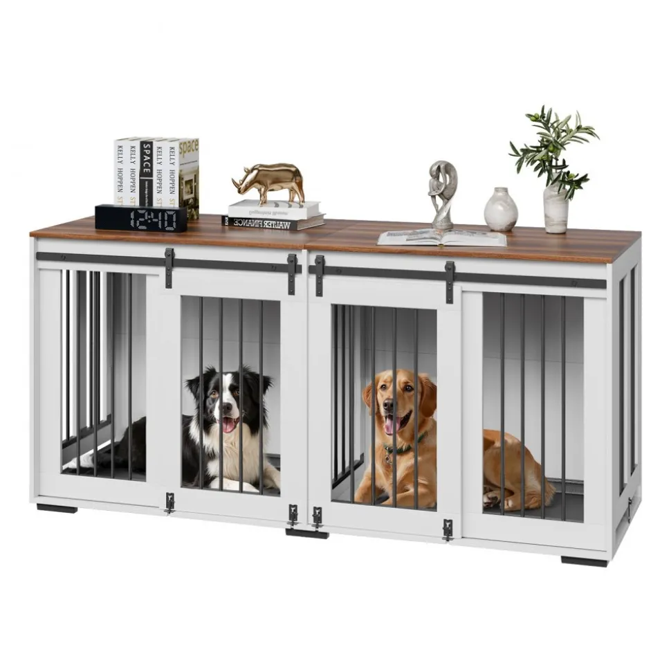 VEVOR 72" Dog Crate Furniture for 2 Dogs, Double Dog Crate Furniture with Double Sliding Doors, Large Dog Crate TV Stand with Removable Tray, Steel Frame Double Dog Crate for Small, Medium, Large Dogs White