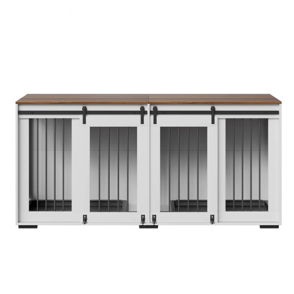 VEVOR 72" Dog Crate Furniture for 2 Dogs, Double Dog Crate Furniture with Double Sliding Doors, Large Dog Crate TV Stand with Removable Tray, Steel Frame Double Dog Crate for Small, Medium, Large Dogs White