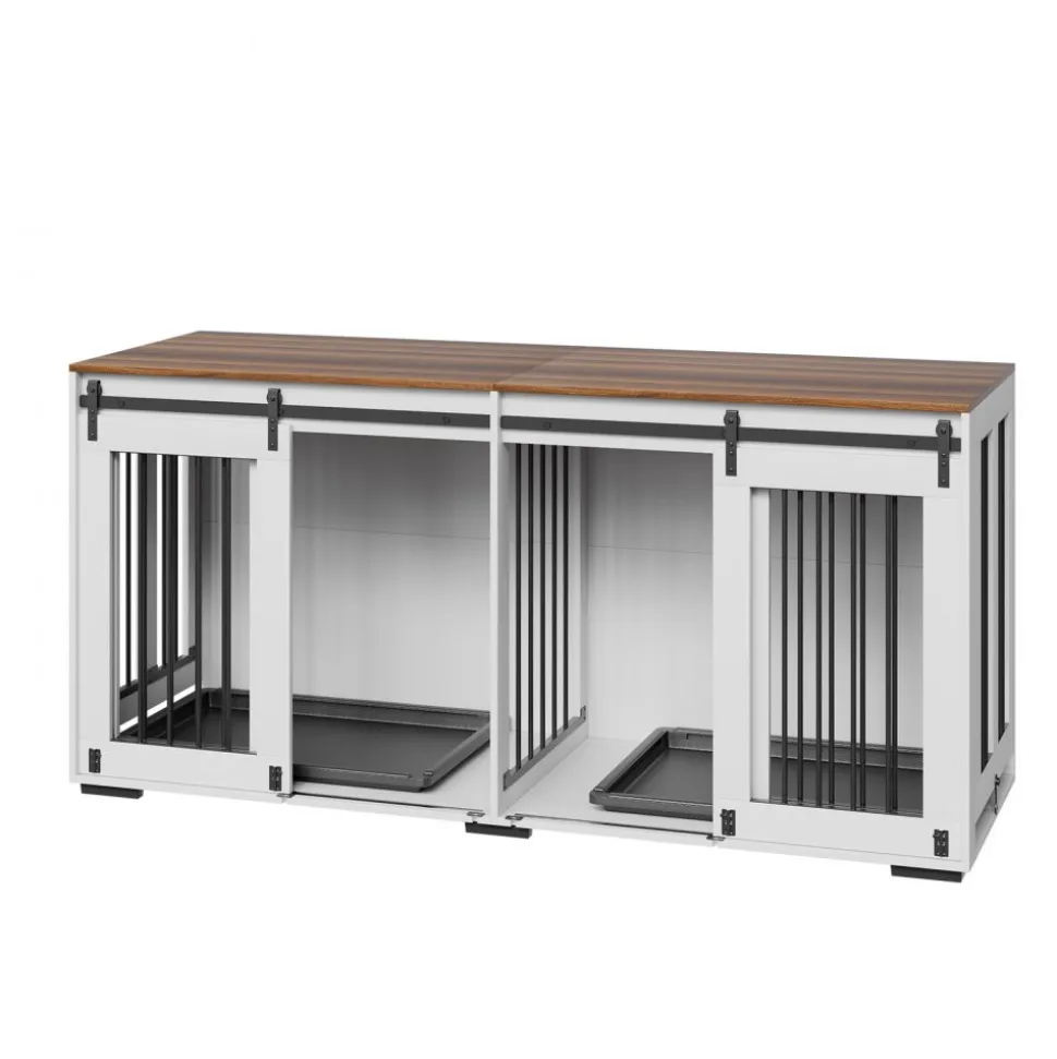 VEVOR 72" Dog Crate Furniture for 2 Dogs, Double Dog Crate Furniture with Double Sliding Doors, Large Dog Crate TV Stand with Removable Tray, Steel Frame Double Dog Crate for Small, Medium, Large Dogs White