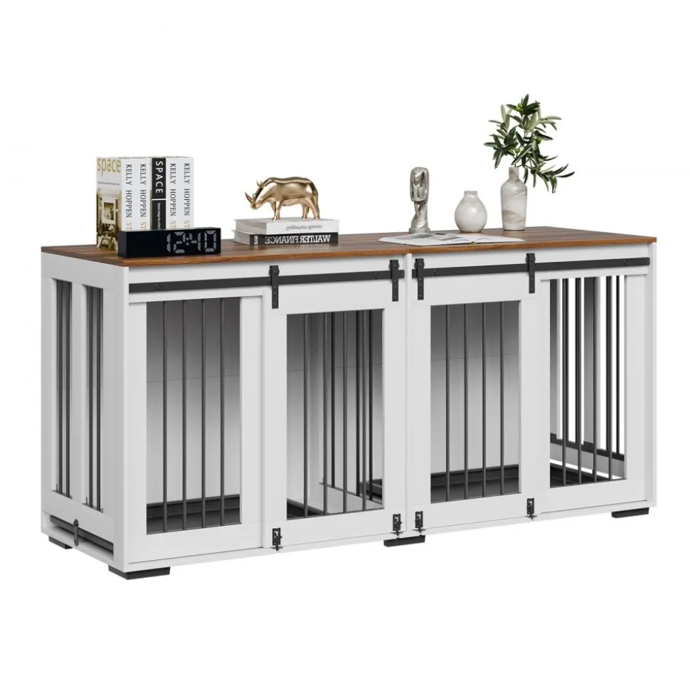 VEVOR 72" Dog Crate Furniture for 2 Dogs, Double Dog Crate Furniture with Double Sliding Doors, Large Dog Crate TV Stand with Removable Tray, Steel Frame Double Dog Crate for Small, Medium, Large Dogs White
