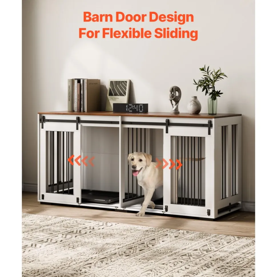 VEVOR 72" Dog Crate Furniture for 2 Dogs, Double Dog Crate Furniture with Double Sliding Doors, Large Dog Crate TV Stand with Removable Tray, Steel Frame Double Dog Crate for Small, Medium, Large Dogs White