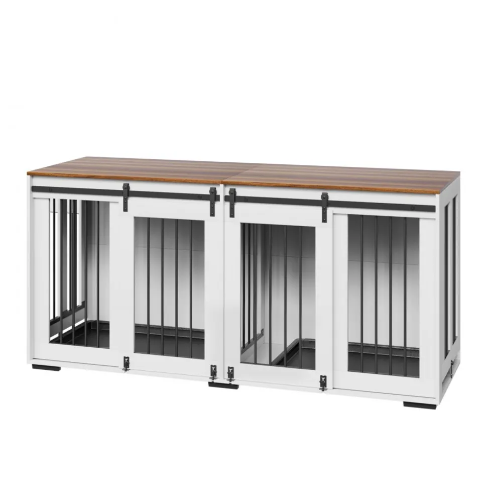 VEVOR 72" Dog Crate Furniture for 2 Dogs, Double Dog Crate Furniture with Double Sliding Doors, Large Dog Crate TV Stand with Removable Tray, Steel Frame Double Dog Crate for Small, Medium, Large Dogs White