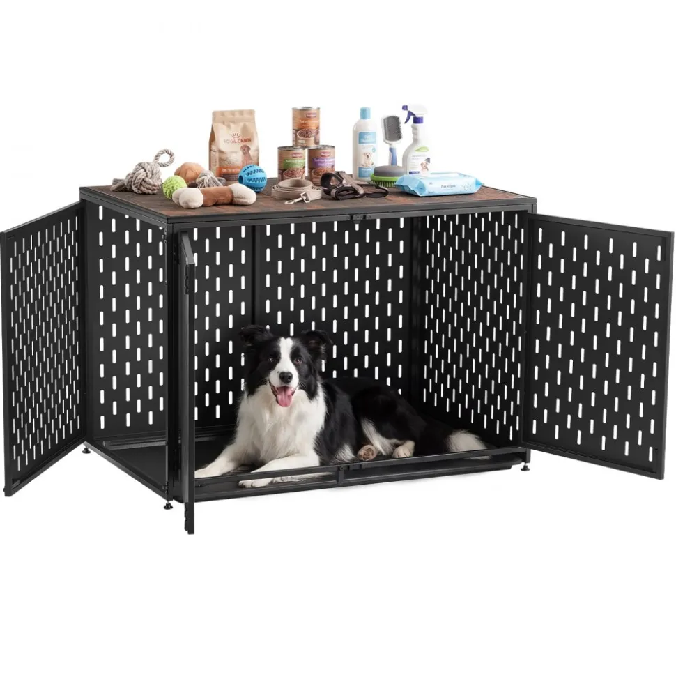 VEVOR Dog Crate Furniture, 42 Inch Heavy Duty Dog Kennel Furniture Indoor for Small & Medium Dogs, Steel Decorative Pet Cage House End Table with 3 Doors, Detachable Tray & Escape-Proof Locks, Black