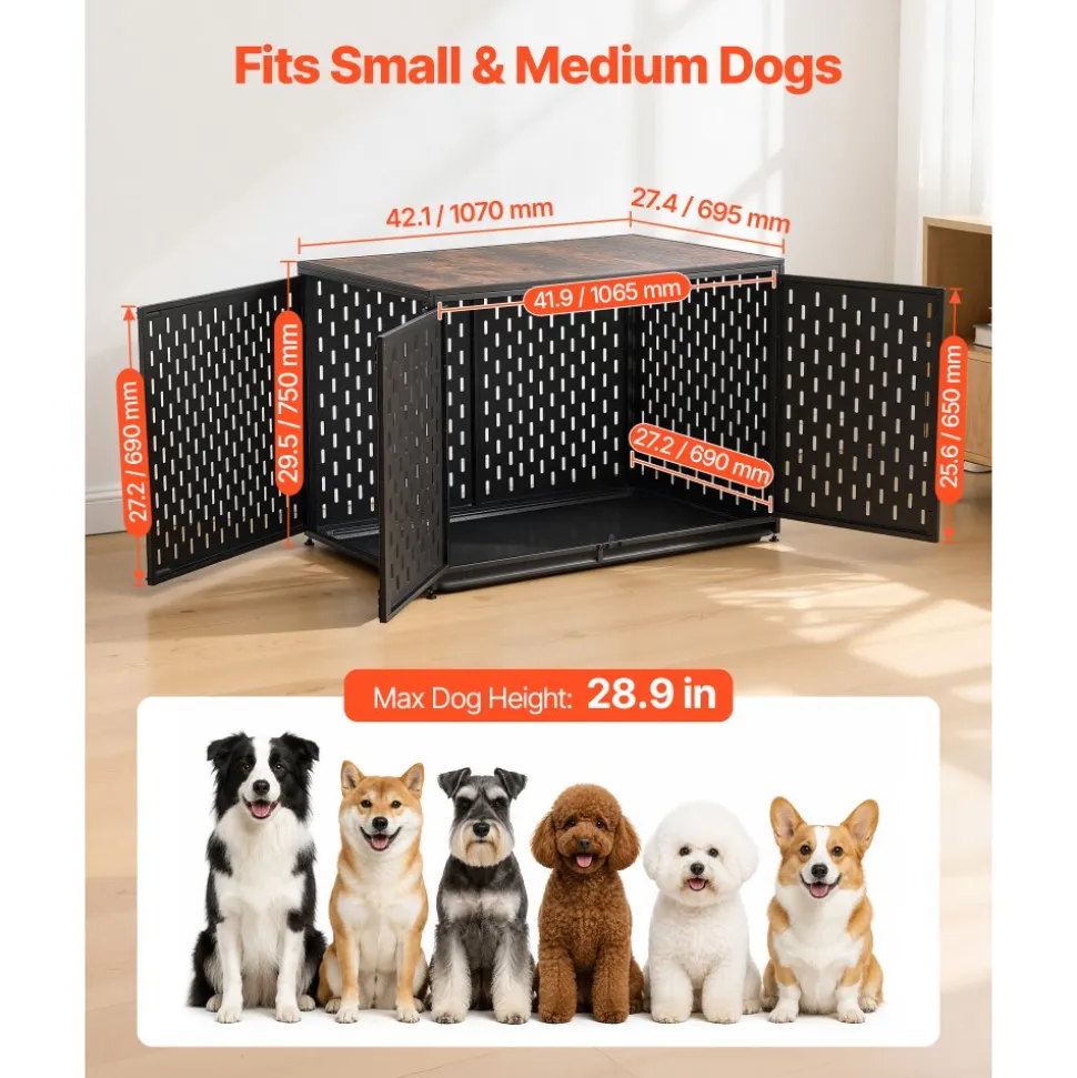 VEVOR Dog Crate Furniture, 42 Inch Heavy Duty Dog Kennel Furniture Indoor for Small & Medium Dogs, Steel Decorative Pet Cage House End Table with 3 Doors, Detachable Tray & Escape-Proof Locks, Black