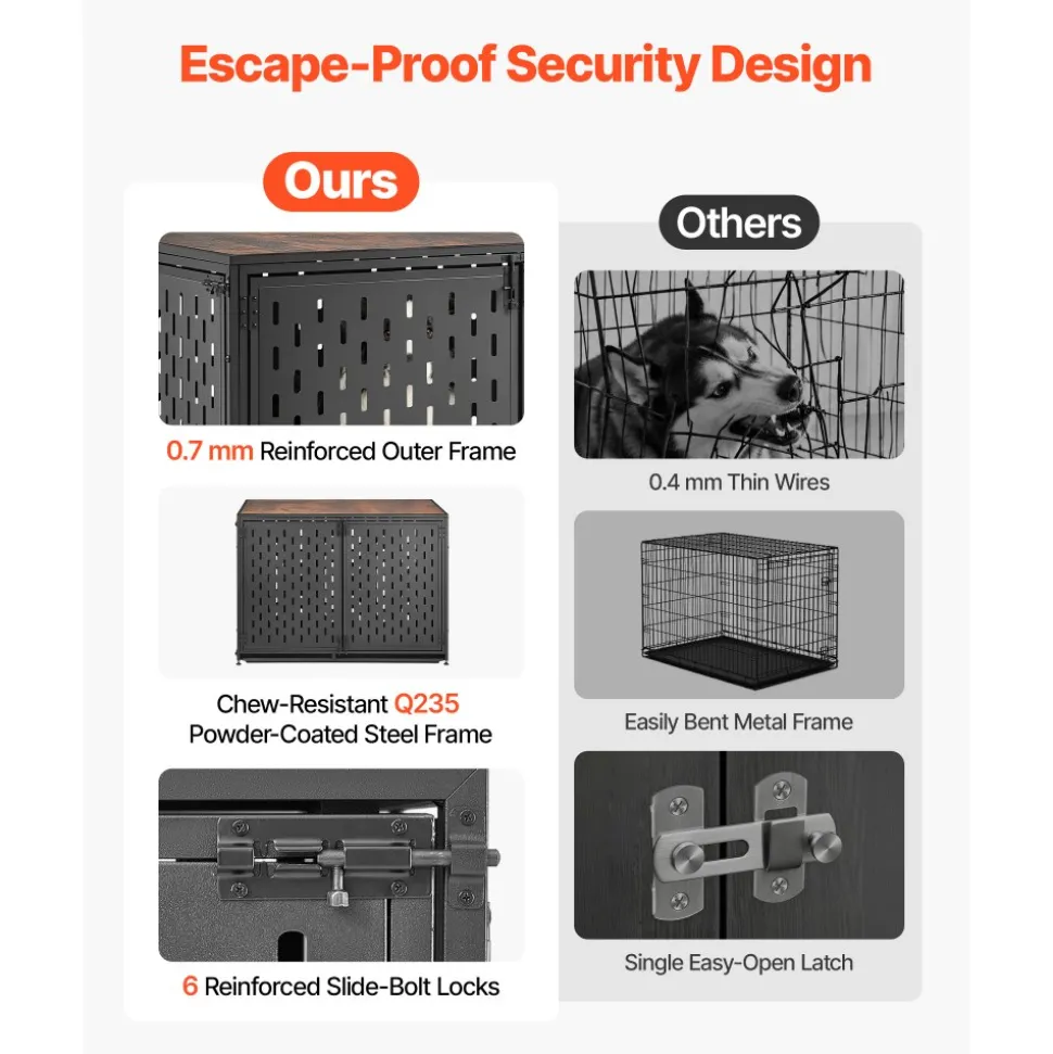 VEVOR Dog Crate Furniture, 42 Inch Heavy Duty Dog Kennel Furniture Indoor for Small & Medium Dogs, Steel Decorative Pet Cage House End Table with 3 Doors, Detachable Tray & Escape-Proof Locks, Black