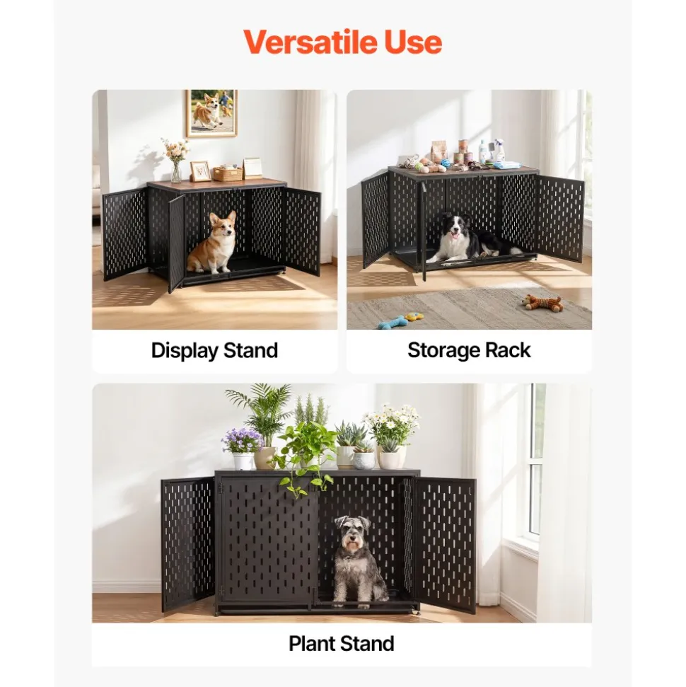 VEVOR Dog Crate Furniture, 42 Inch Heavy Duty Dog Kennel Furniture Indoor for Small & Medium Dogs, Steel Decorative Pet Cage House End Table with 3 Doors, Detachable Tray & Escape-Proof Locks, Black