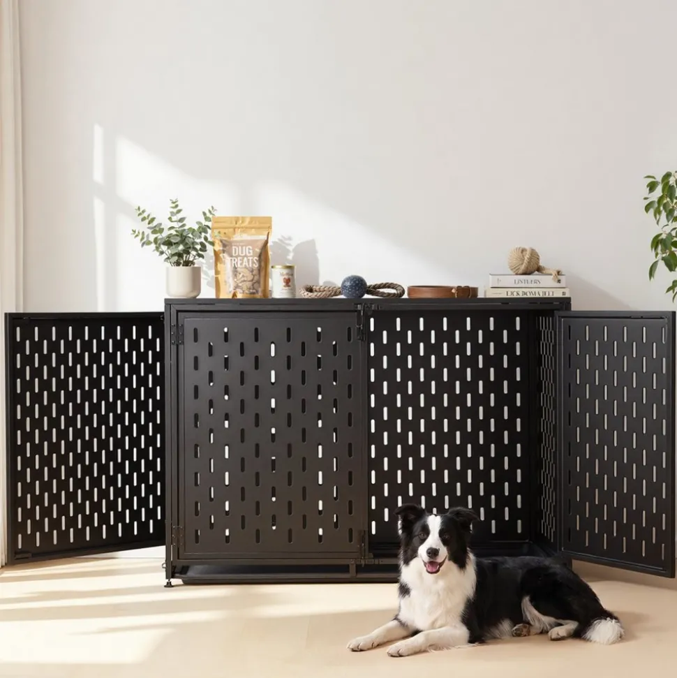 VEVOR Dog Crate Furniture, 42 Inch Heavy Duty Dog Kennel Furniture Indoor for Small & Medium Dogs, Steel Decorative Pet Cage House End Table with 3 Doors, Detachable Tray & Escape-Proof Locks, Black