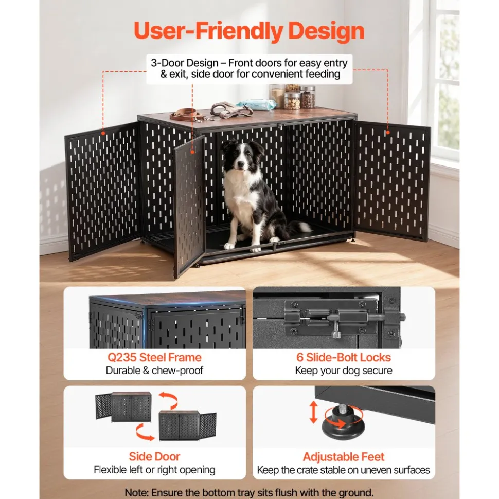 VEVOR Dog Crate Furniture, 42 Inch Heavy Duty Dog Kennel Furniture Indoor for Small & Medium Dogs, Steel Decorative Pet Cage House End Table with 3 Doors, Detachable Tray & Escape-Proof Locks, Black
