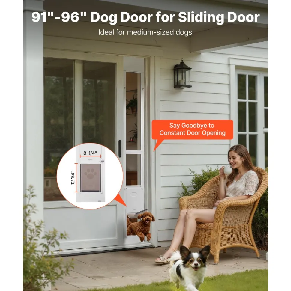 VEVOR Dog Door for Sliding Glass Door, 91 to 96 in Adjustable Height, Aluminum Alloy Frame with Metal Rotating Hinges, Lock Design, 8 1/4 x 12 1/4 in Flap, Sliding Glass Pet Door for Renters