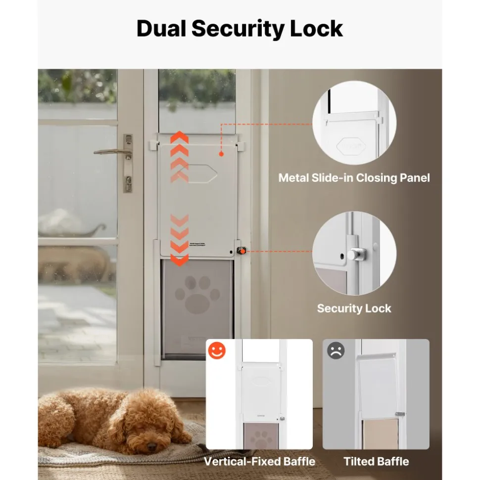 VEVOR Dog Door for Sliding Glass Door, 91 to 96 in Adjustable Height, Aluminum Alloy Frame with Metal Rotating Hinges, Lock Design, 8 1/4 x 12 1/4 in Flap, Sliding Glass Pet Door for Renters