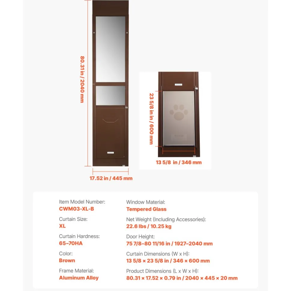 VEVOR Dog Door for Sliding Glass Door, 75 7/8 to 80 11/16 in Adjustable Height, Aluminum Alloy Frame with Rotating Hinges, Lock Design, 13 5/8 x 23 5/8 in Flap, Sliding Glass Pet Door for Renters