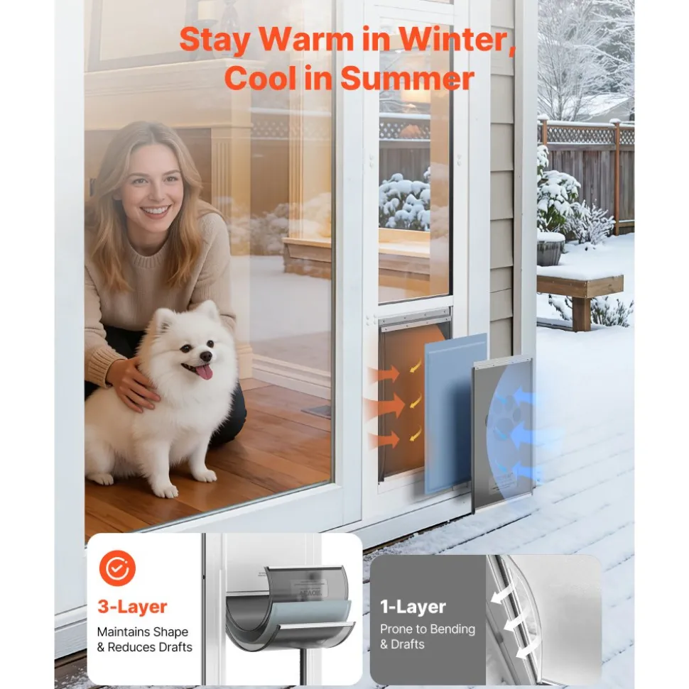 VEVOR Dog Door for Sliding Glass Door, 75 7/8" to 80 11/16" Adjustable Height, Aluminum Alloy Frame with Flap, Rotating Hinge, Lock Design, for Medium-Sized Dogs, Sliding Glass Pet Doors for Renters