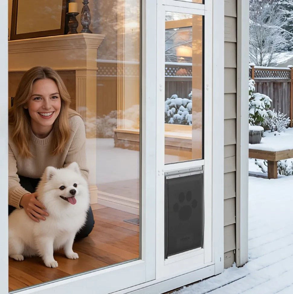 VEVOR Dog Door for Sliding Glass Door, 75 7/8" to 80 11/16" Adjustable Height, Aluminum Alloy Frame with Flap, Rotating Hinge, Lock Design, for Medium-Sized Dogs, Sliding Glass Pet Doors for Renters