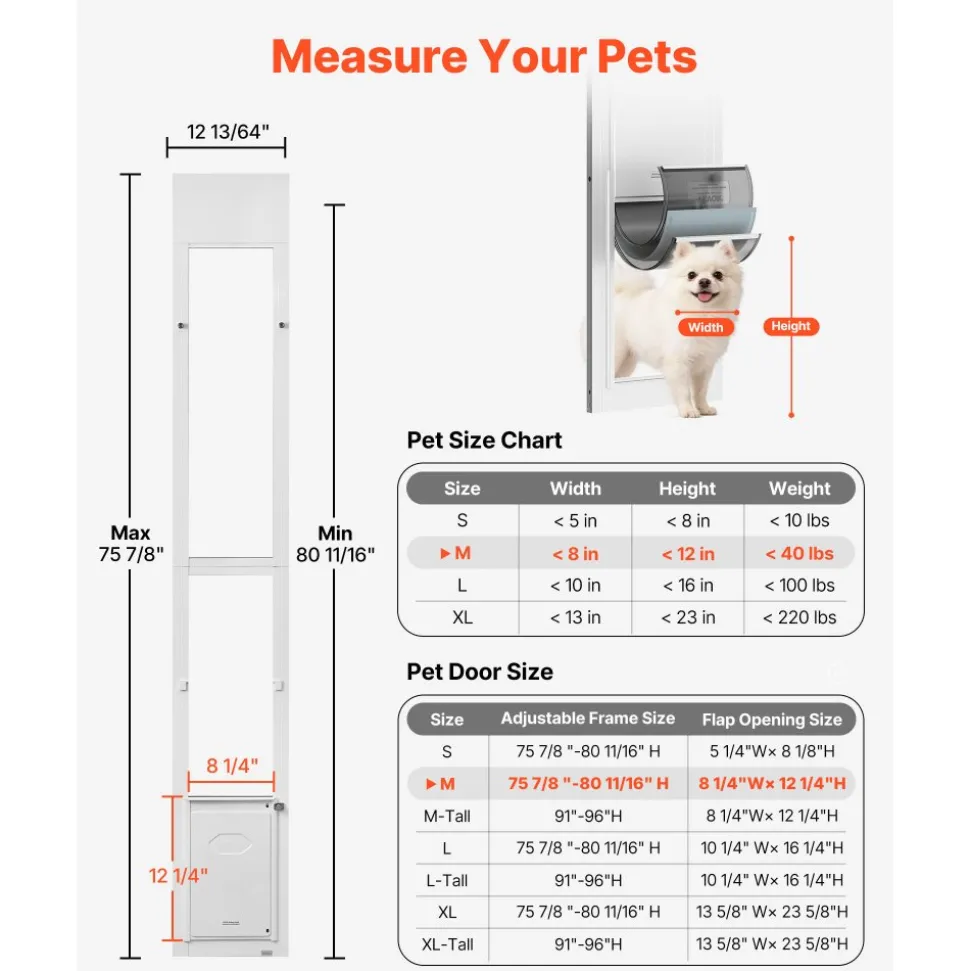 VEVOR Dog Door for Sliding Glass Door, 75 7/8" to 80 11/16" Adjustable Height, Aluminum Alloy Frame with Flap, Rotating Hinge, Lock Design, for Medium-Sized Dogs, Sliding Glass Pet Doors for Renters
