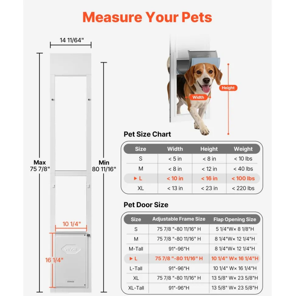 VEVOR Dog Door for Sliding Glass Door, 75 7/8" to 80 11/16" Adjustable Height, Aluminum Alloy Frame with Flap and Rotating Hinge, Lock Design, for Large-Sized Dogs, Sliding Glass Pet Doors for Renters
