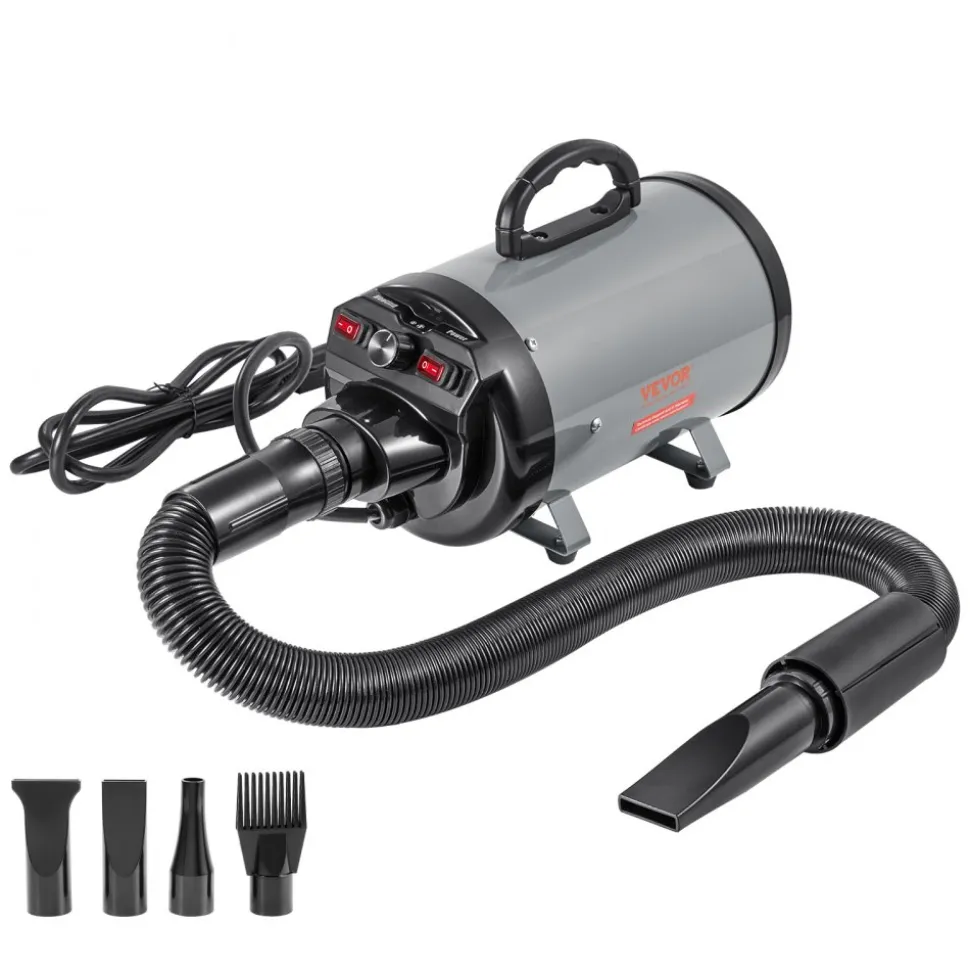 VEVOR Dog Dryer, 2000W/2.7HP Dog Blow Dryer, Pet Grooming Dryer with Adjustable Speed and Temperature Control, Pet Hair Dryer with 4 Nozzles and Extendable Hose, Grey and Black