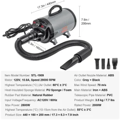 VEVOR Dog Dryer, 2000W/2.7HP Dog Blow Dryer, Pet Grooming Dryer with Adjustable Speed and Temperature Control, Pet Hair Dryer with 4 Nozzles and Extendable Hose, Grey and Black
