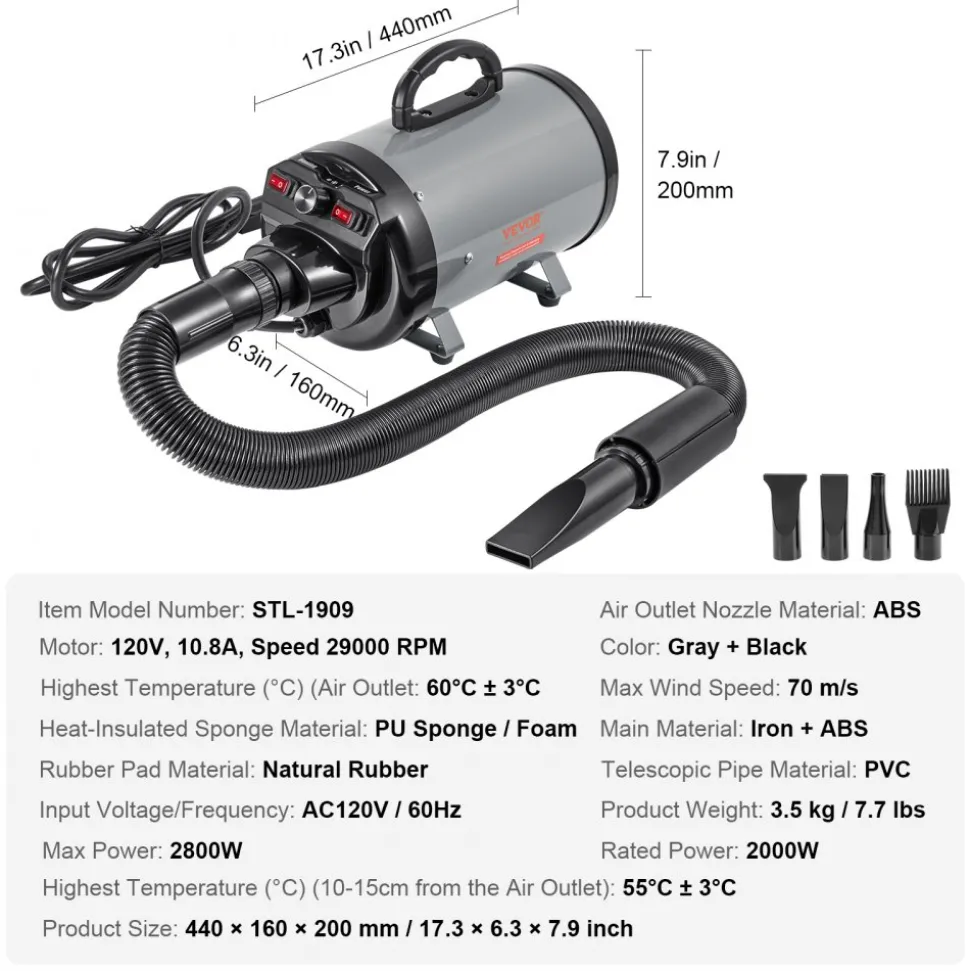 VEVOR Dog Dryer, 2000W/2.7HP Dog Blow Dryer, Pet Grooming Dryer with Adjustable Speed and Temperature Control, Pet Hair Dryer with 4 Nozzles and Extendable Hose, Grey and Black