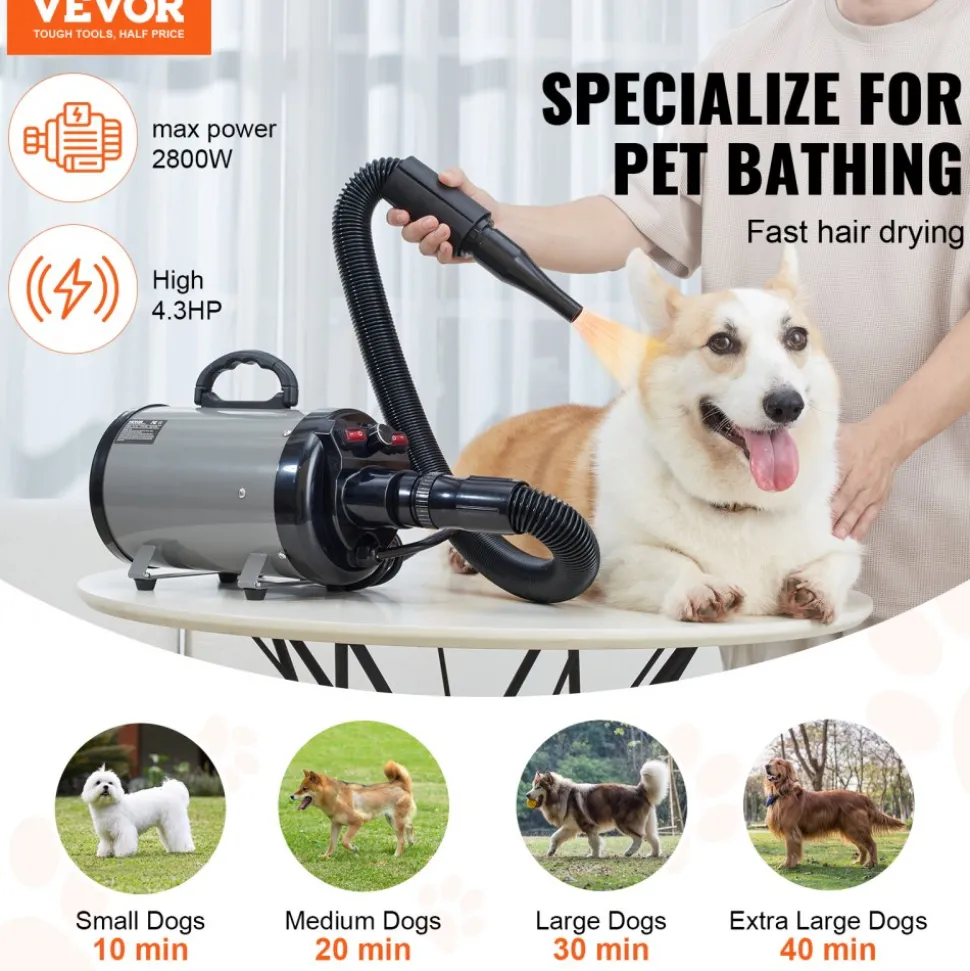 VEVOR Dog Dryer, 2000W/2.7HP Dog Blow Dryer, Pet Grooming Dryer with Adjustable Speed and Temperature Control, Pet Hair Dryer with 4 Nozzles and Extendable Hose, Grey and Black
