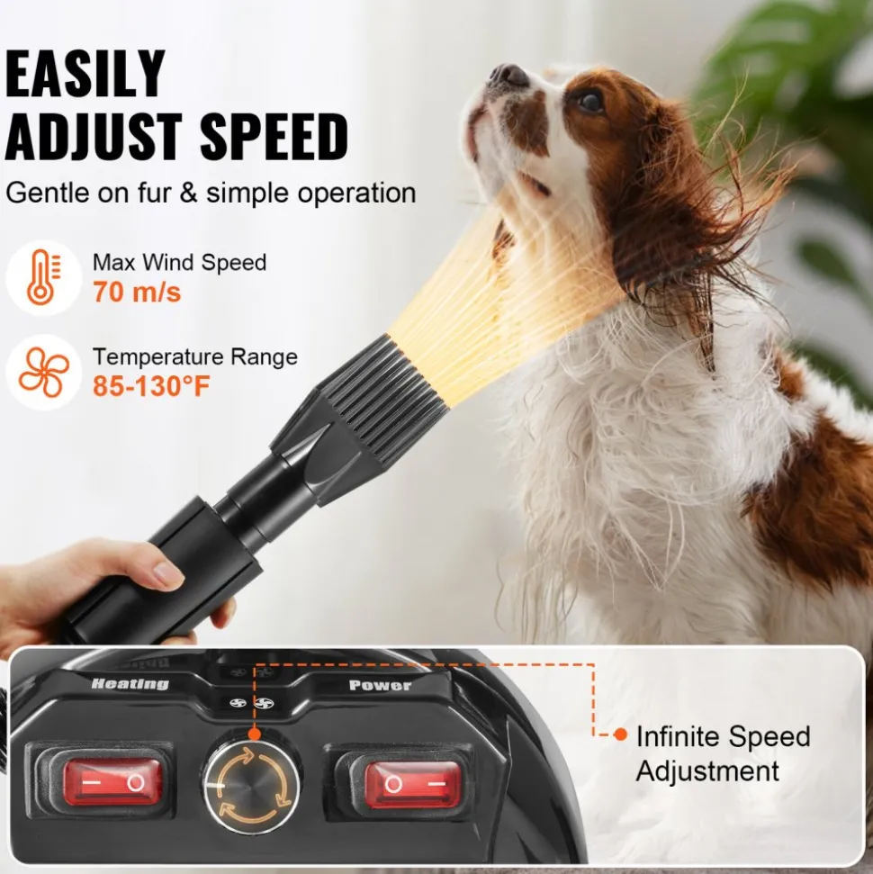 VEVOR Dog Dryer, 2000W/2.7HP Dog Blow Dryer, Pet Grooming Dryer with Adjustable Speed and Temperature Control, Pet Hair Dryer with 4 Nozzles and Extendable Hose, Grey and Black