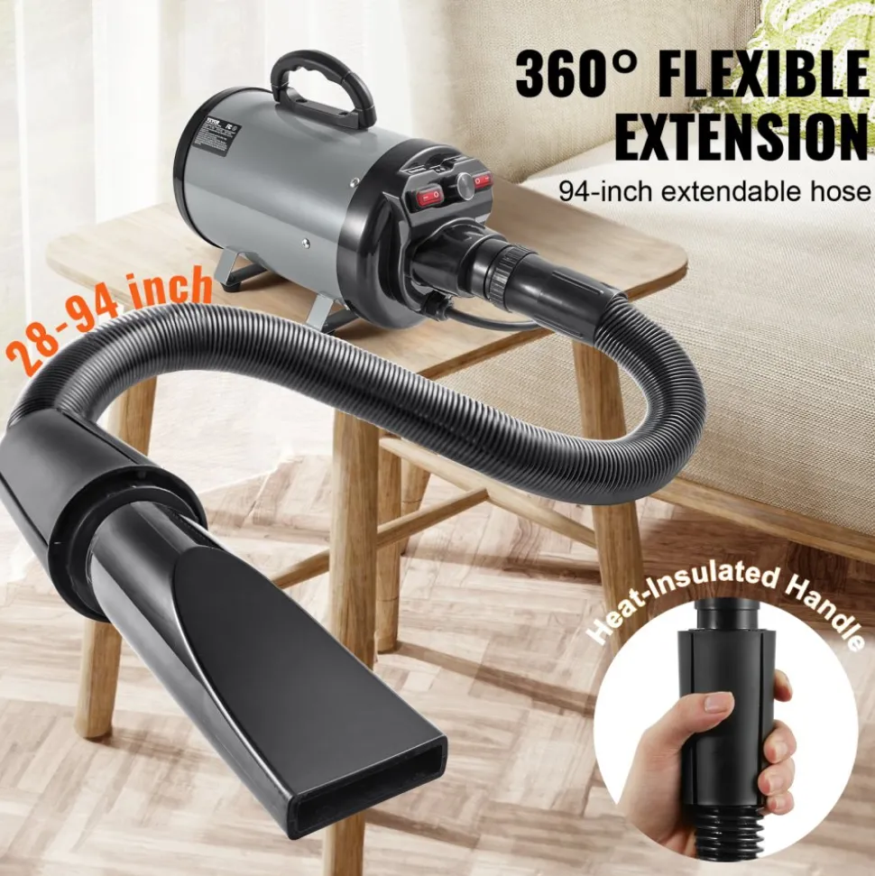 VEVOR Dog Dryer, 2000W/2.7HP Dog Blow Dryer, Pet Grooming Dryer with Adjustable Speed and Temperature Control, Pet Hair Dryer with 4 Nozzles and Extendable Hose, Grey and Black