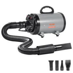 VEVOR Dog Dryer, 2000W/2.7HP Dog Blow Dryer, Pet Grooming Dryer with Adjustable Speed and Temperature Control, Pet Hair Dryer with 4 Nozzles and Extendable Hose, Grey and Black