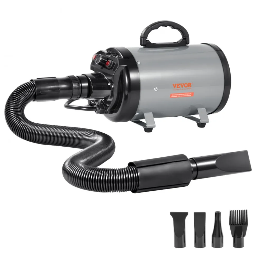 VEVOR Dog Dryer, 2000W/2.7HP Dog Blow Dryer, Pet Grooming Dryer with Adjustable Speed and Temperature Control, Pet Hair Dryer with 4 Nozzles and Extendable Hose, Grey and Black