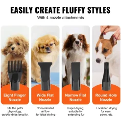 VEVOR Dog Dryer, 2000W/2.7HP Dog Blow Dryer, Pet Grooming Dryer with Adjustable Speed and Temperature Control, Pet Hair Dryer with 4 Nozzles and Extendable Hose, Grey and Black