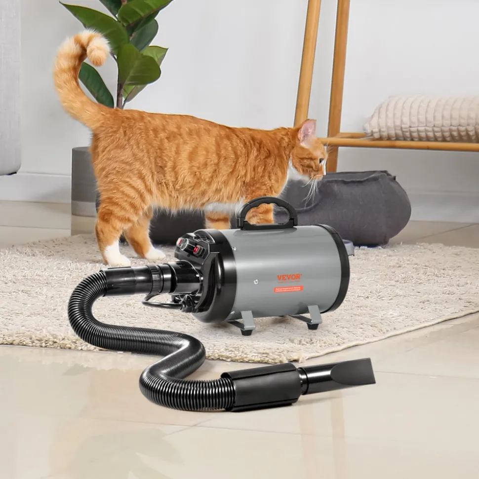 VEVOR Dog Dryer, 2000W/2.7HP Dog Blow Dryer, Pet Grooming Dryer with Adjustable Speed and Temperature Control, Pet Hair Dryer with 4 Nozzles and Extendable Hose, Grey and Black