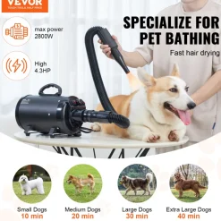 VEVOR Dog Dryer, 2000W/2.7HP Dog Blow Dryer, Pet Grooming Dryer with Adjustable Speed and Temperature Control, Pet Hair Dryer with 4 Nozzles and Extendable Hose, Black