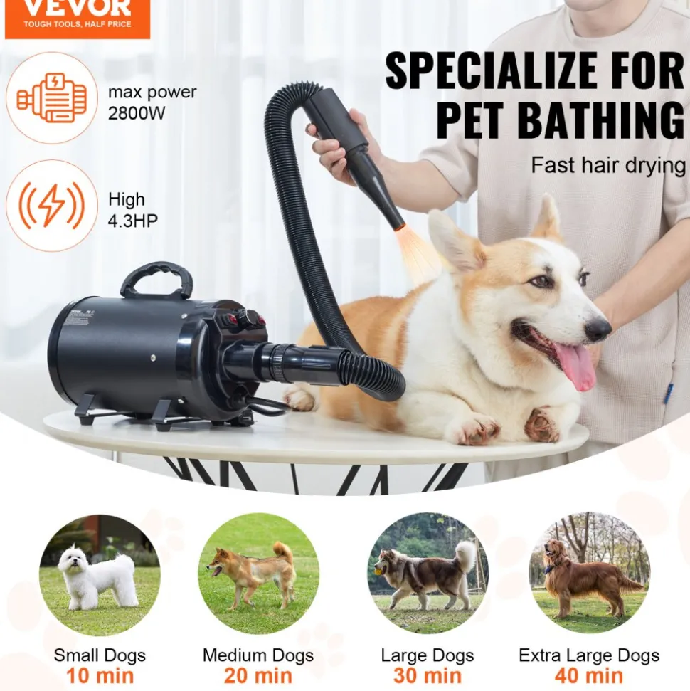 VEVOR Dog Dryer, 2000W/2.7HP Dog Blow Dryer, Pet Grooming Dryer with Adjustable Speed and Temperature Control, Pet Hair Dryer with 4 Nozzles and Extendable Hose, Black