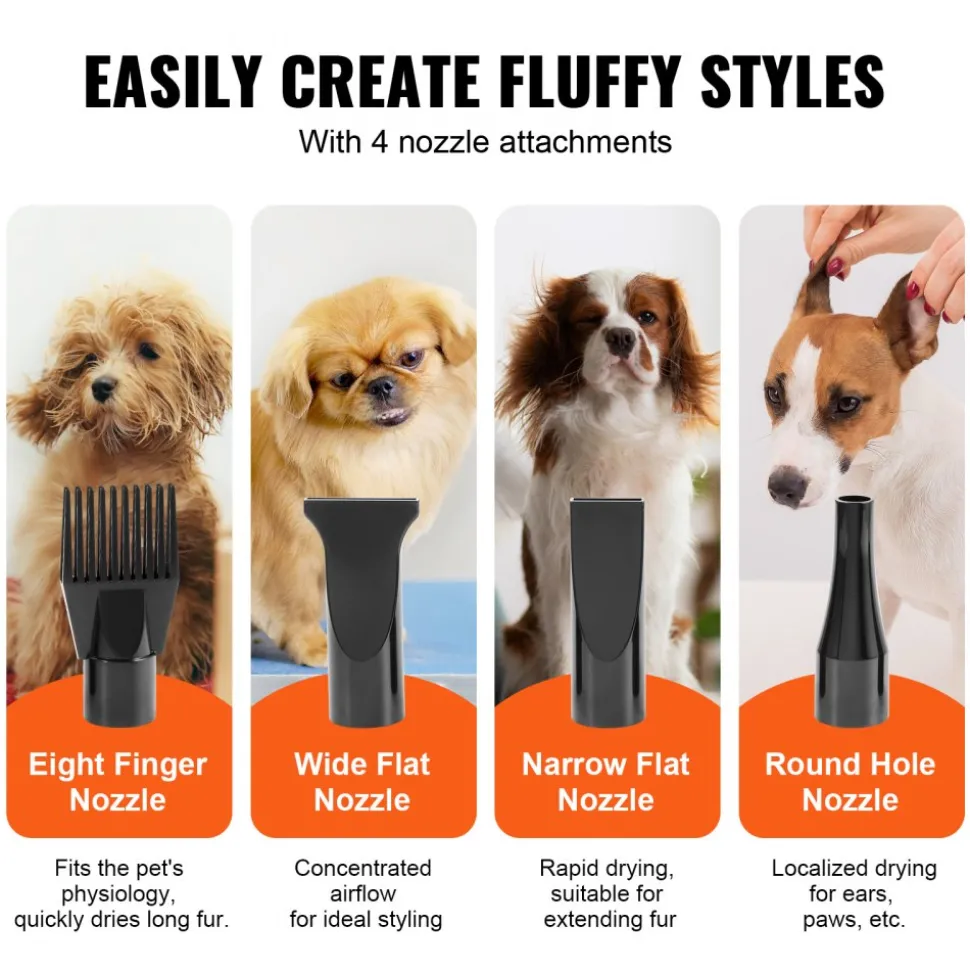 VEVOR Dog Dryer, 2000W/2.7HP Dog Blow Dryer, Pet Grooming Dryer with Adjustable Speed and Temperature Control, Pet Hair Dryer with 4 Nozzles and Extendable Hose, Black