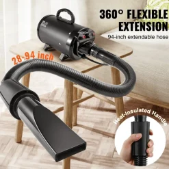 VEVOR Dog Dryer, 2000W/2.7HP Dog Blow Dryer, Pet Grooming Dryer with Adjustable Speed and Temperature Control, Pet Hair Dryer with 4 Nozzles and Extendable Hose, Black